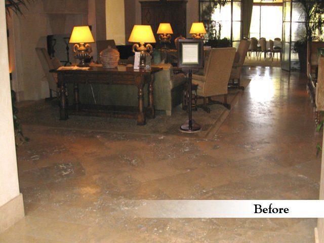 Travertine lobby floor before restoration